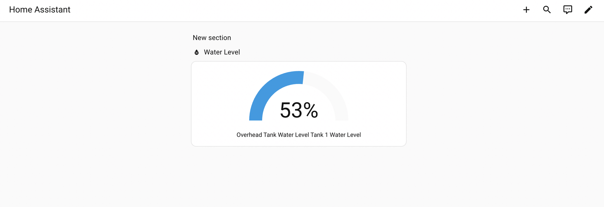 Home Assistant dashboard with a single Water Level section showing a gauge card at 53%