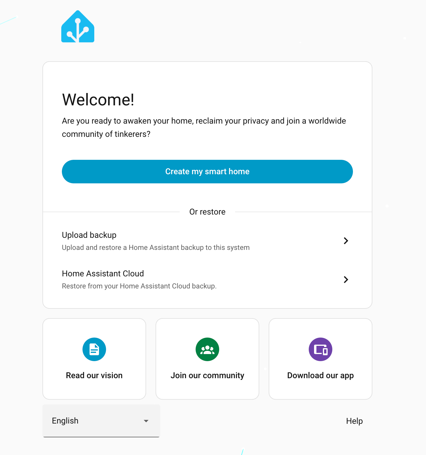 Home Assistant's Welcome screen with a Create my smart home button