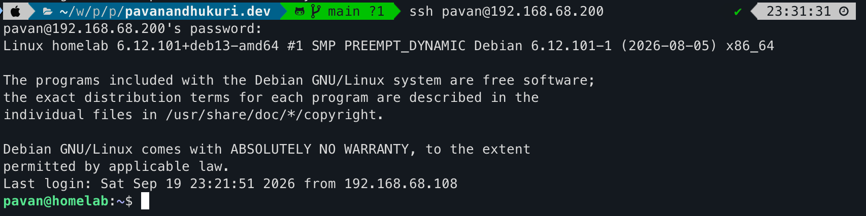 Terminal showing a successful SSH login to the homelab Debian server